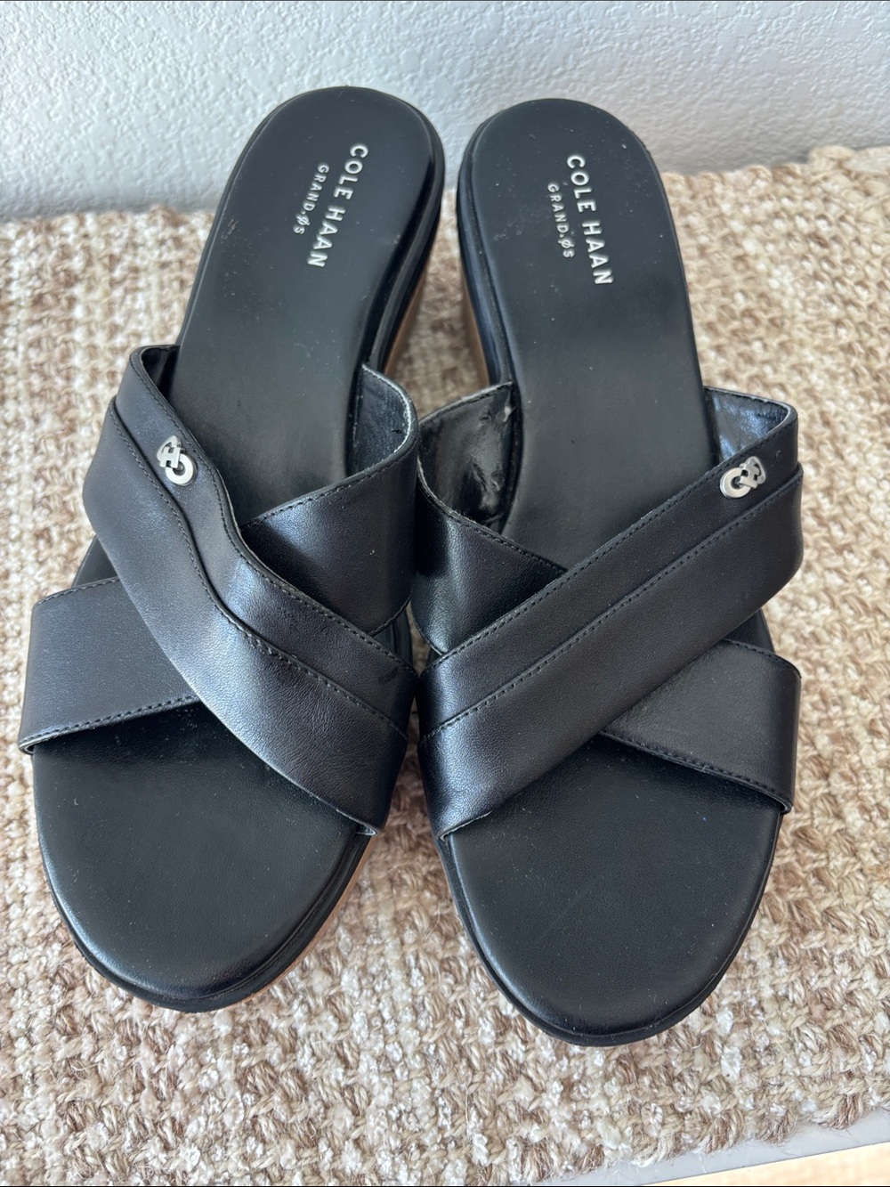 Cole Haan Black Leather Crisscross Slides